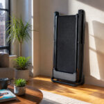 Cozy living room with a foldable treadmill in an urban apartment