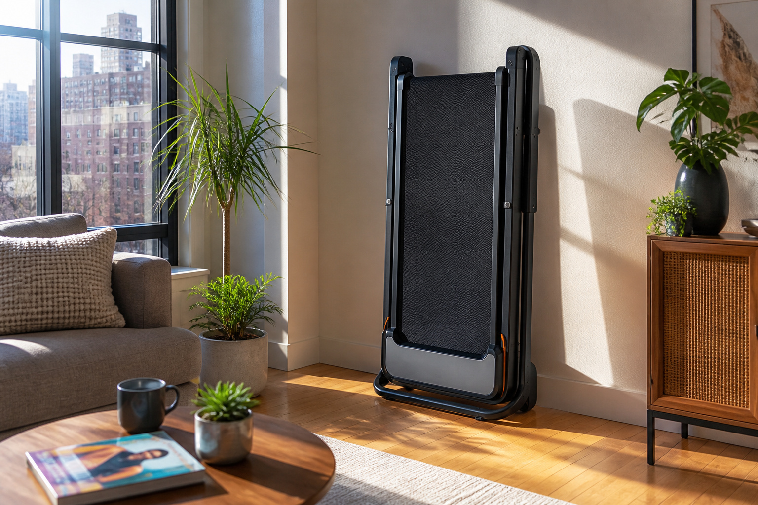 Cozy living room with a foldable treadmill in an urban apartment