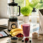 Bright kitchen countertop with protein powder containers and a blender