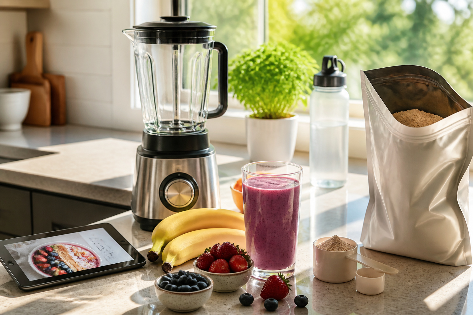 Bright kitchen countertop with protein powder containers and a blender