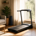 Cozy living room with a treadmill and morning light