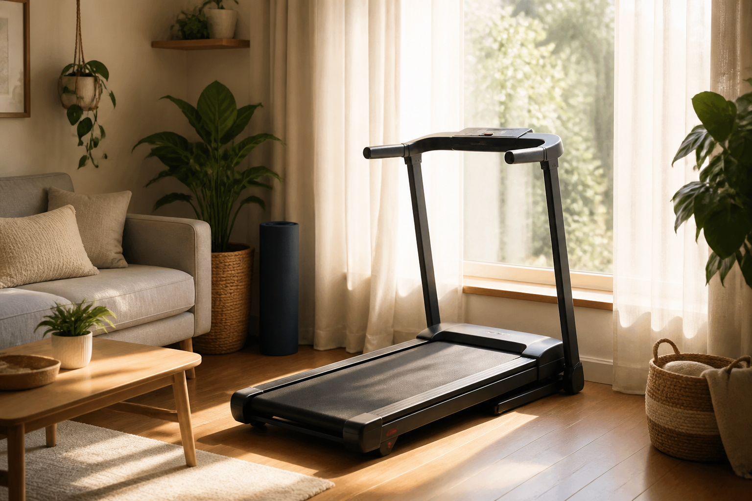 Cozy living room with a treadmill and morning light