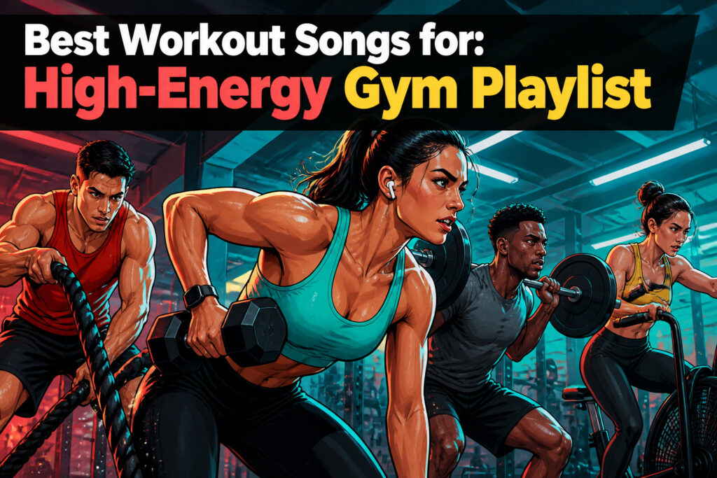 A collage of album covers from popular workout songs.