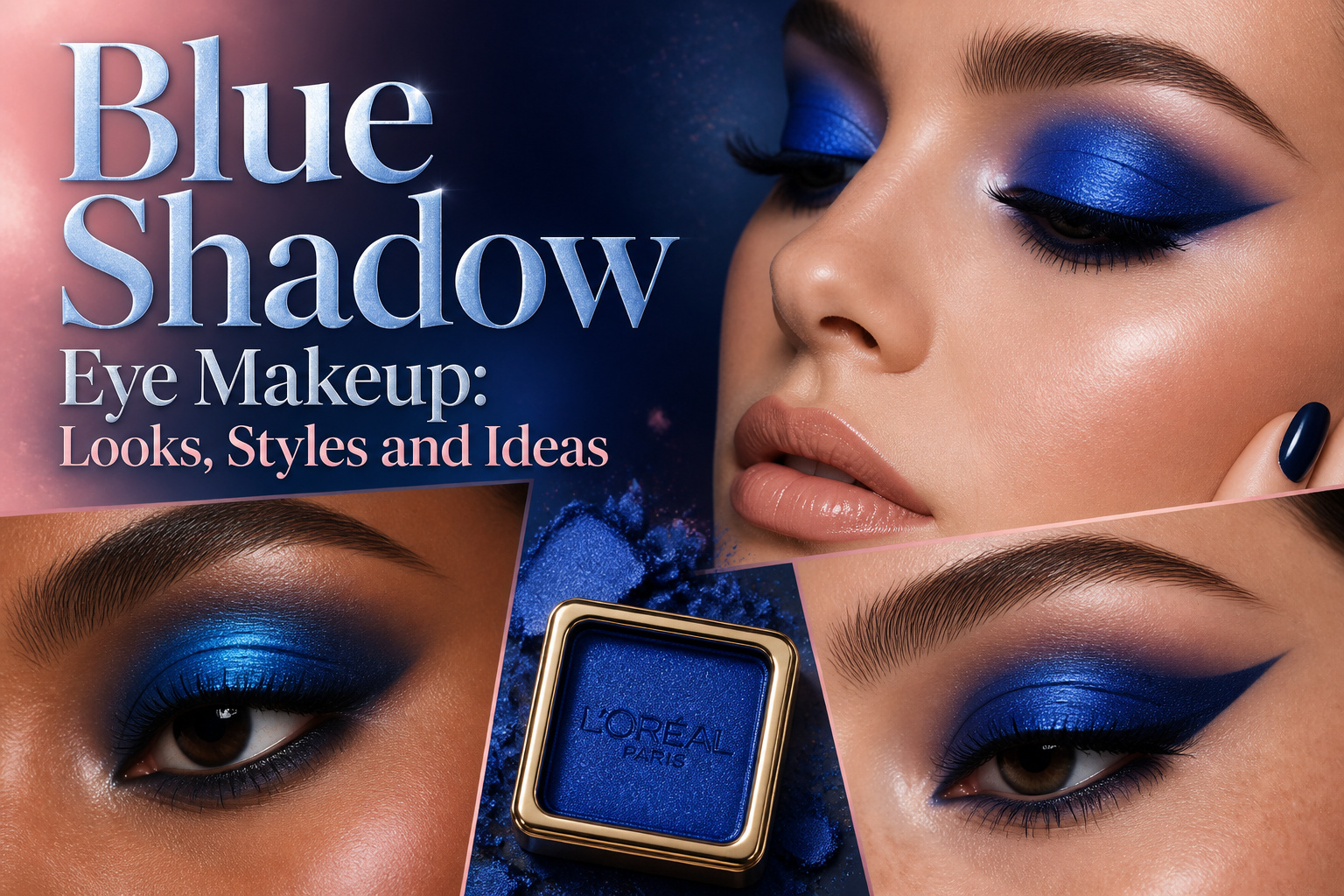 Various blue shadow eye makeup looks displayed on a neutral background.