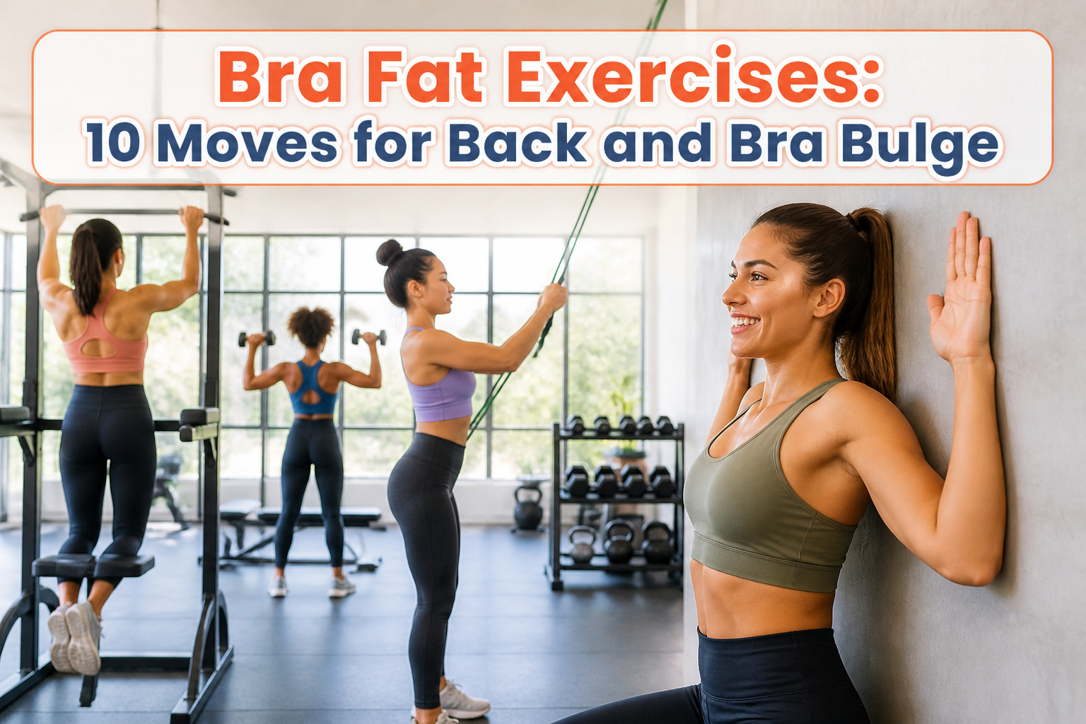 Collage of exercises for reducing bra fat.