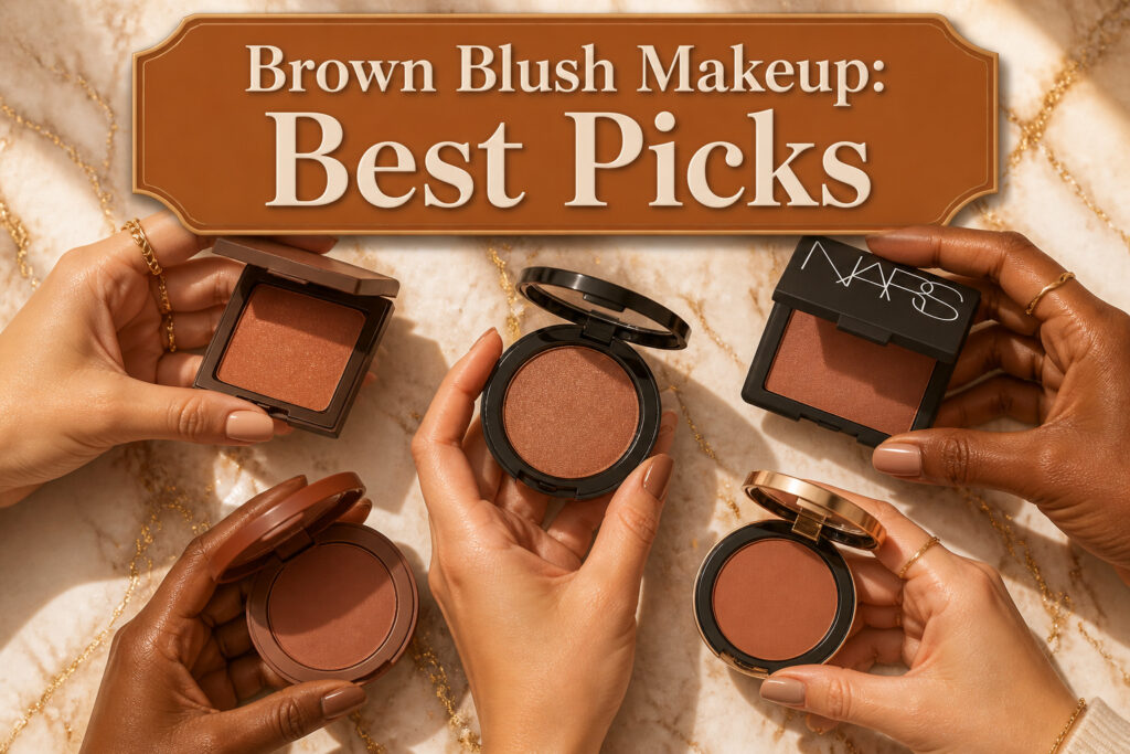 Various brown blush products displayed with different textures and packaging.