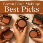 Various brown blush products displayed with different textures and packaging.