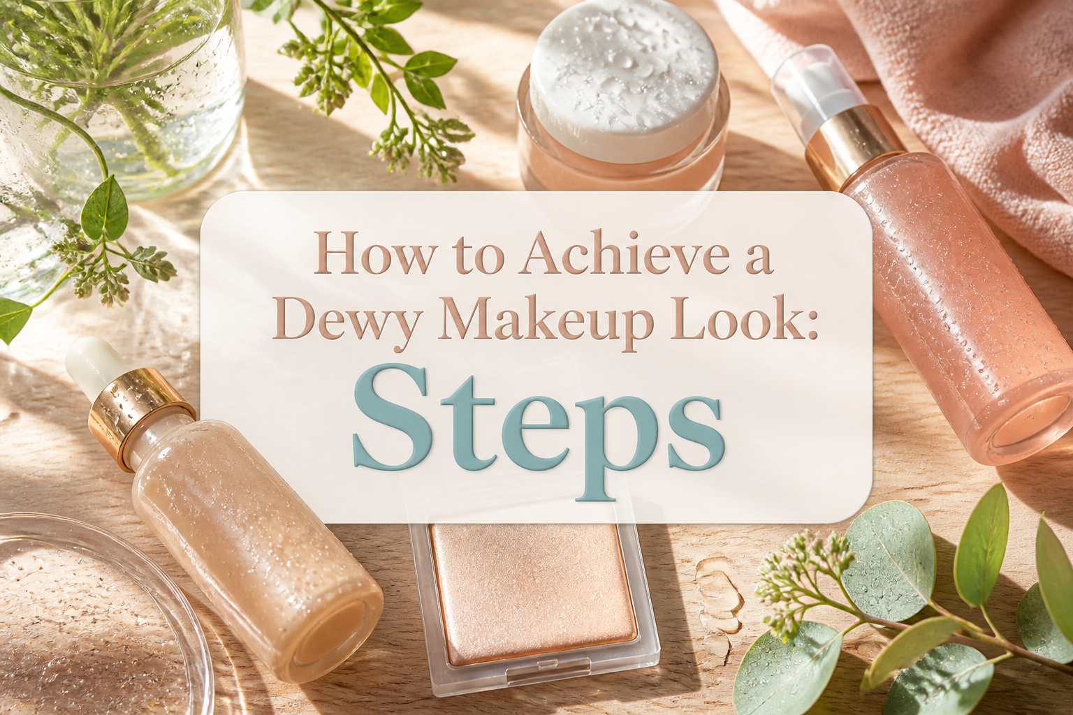 Model with dewy makeup in a bright, elegant bathroom.
