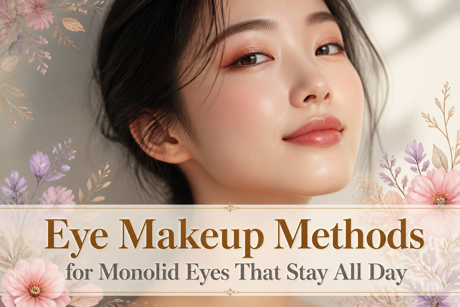 Model showcasing various eye makeup techniques for monolid eyes.