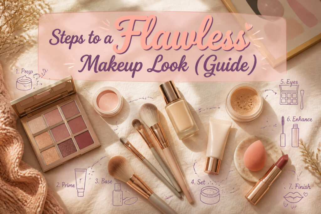 An organized makeup display with various beauty products and tools.