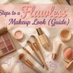 An organized makeup display with various beauty products and tools.