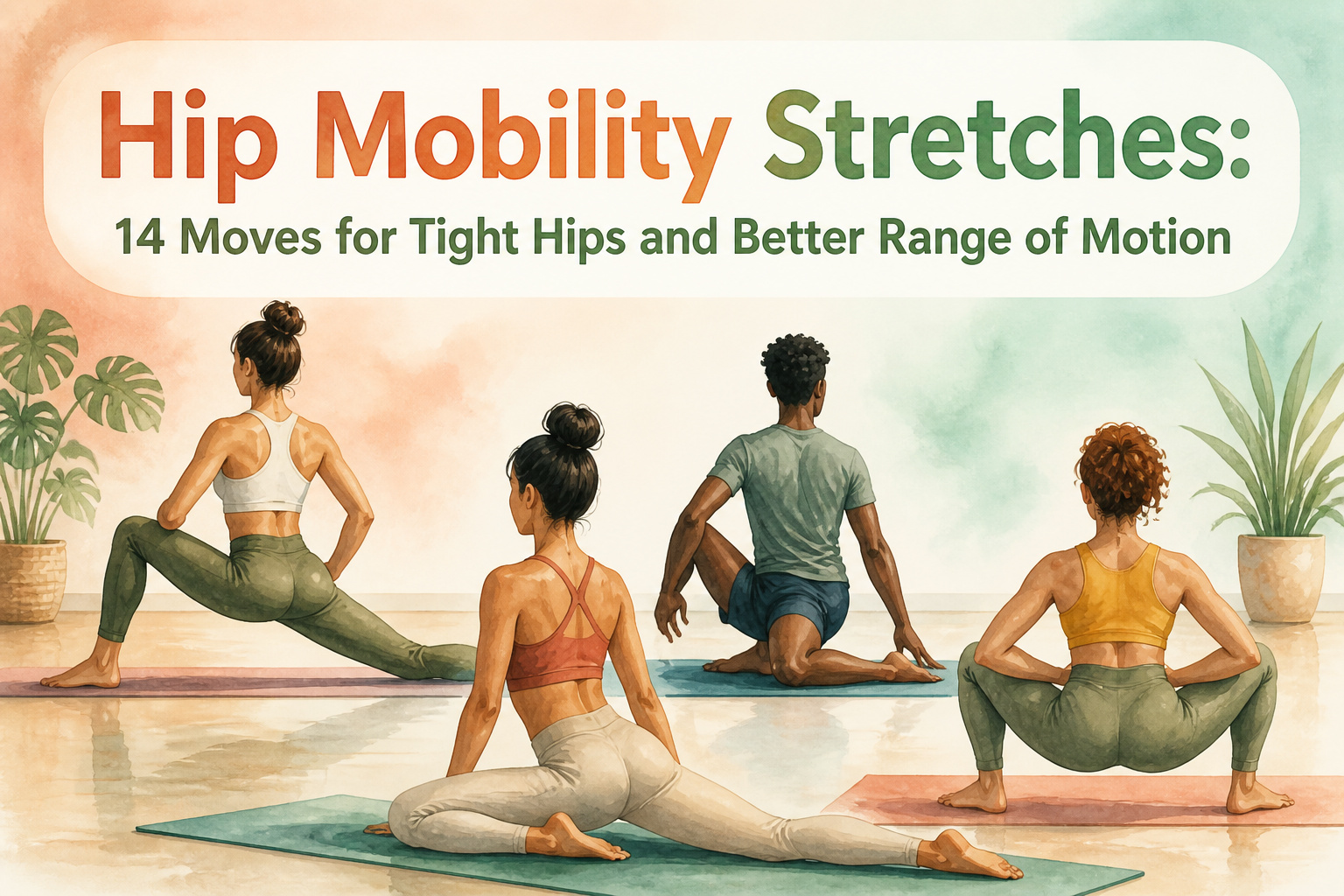 Person performing hip mobility stretches in a well-lit studio.