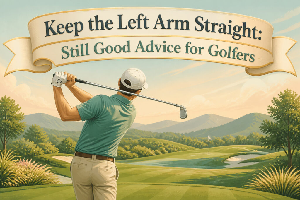 Golfer addresses the ball with a straight left arm in a tee position.