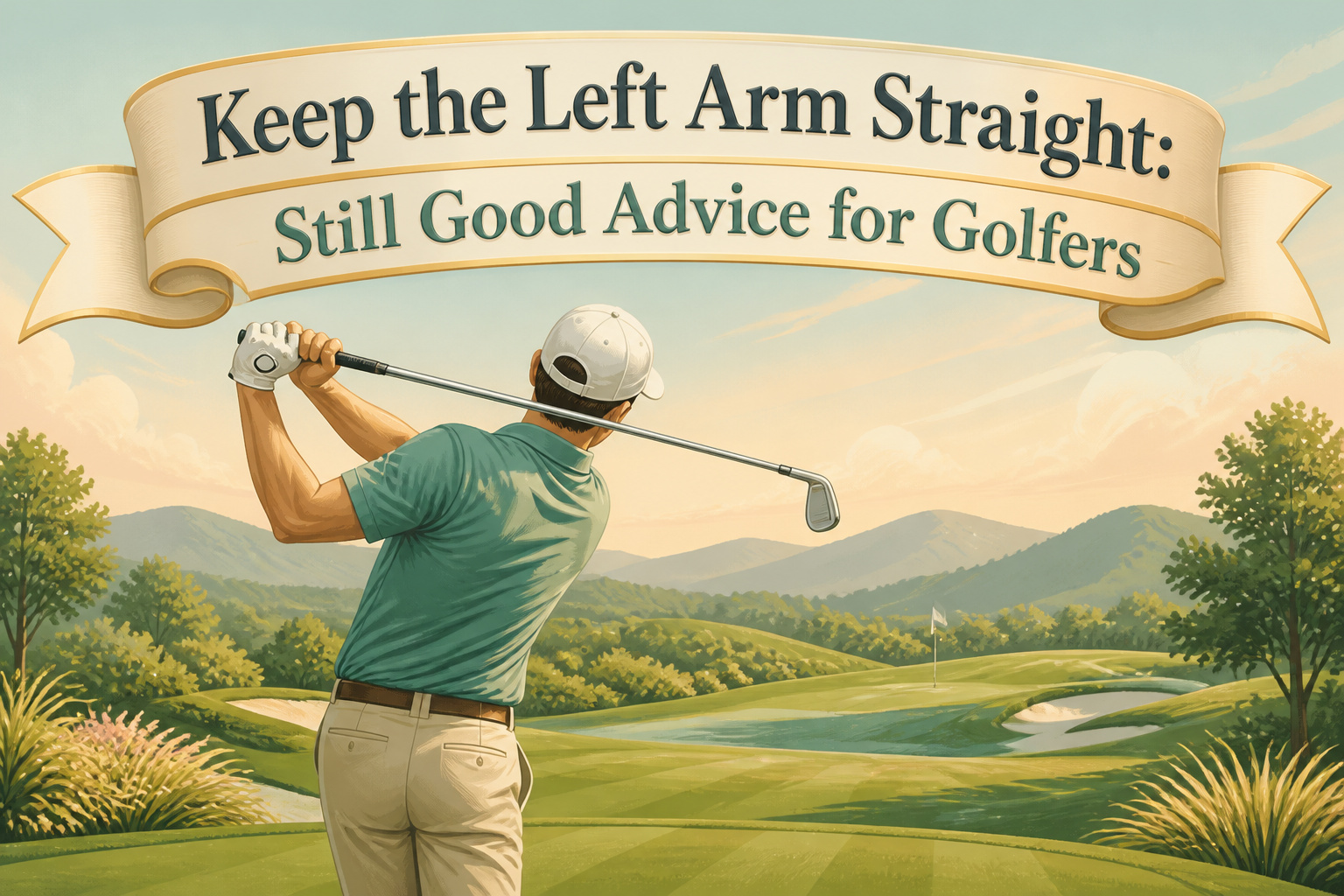 Golfer addresses the ball with a straight left arm in a tee position.