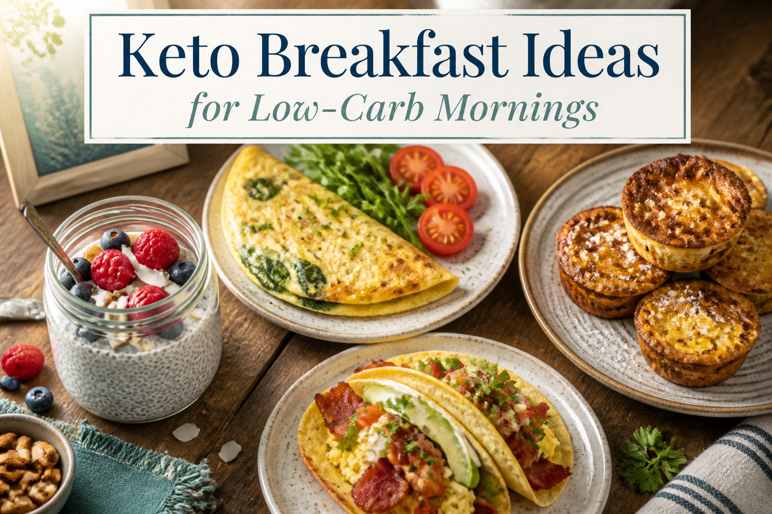 Various keto breakfast dishes displayed on a rustic wooden table.