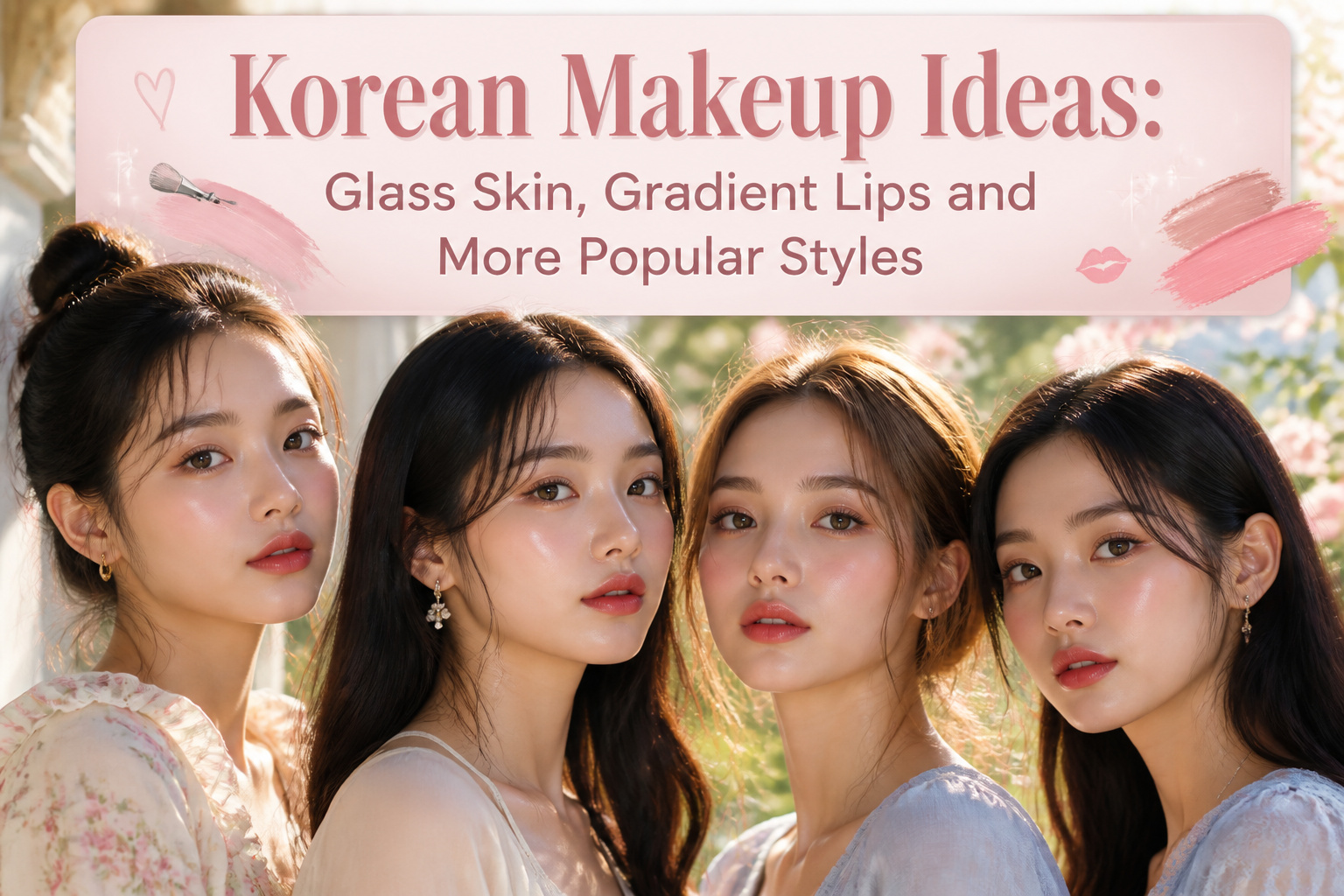 A variety of Korean makeup products arranged aesthetically on a surface.
