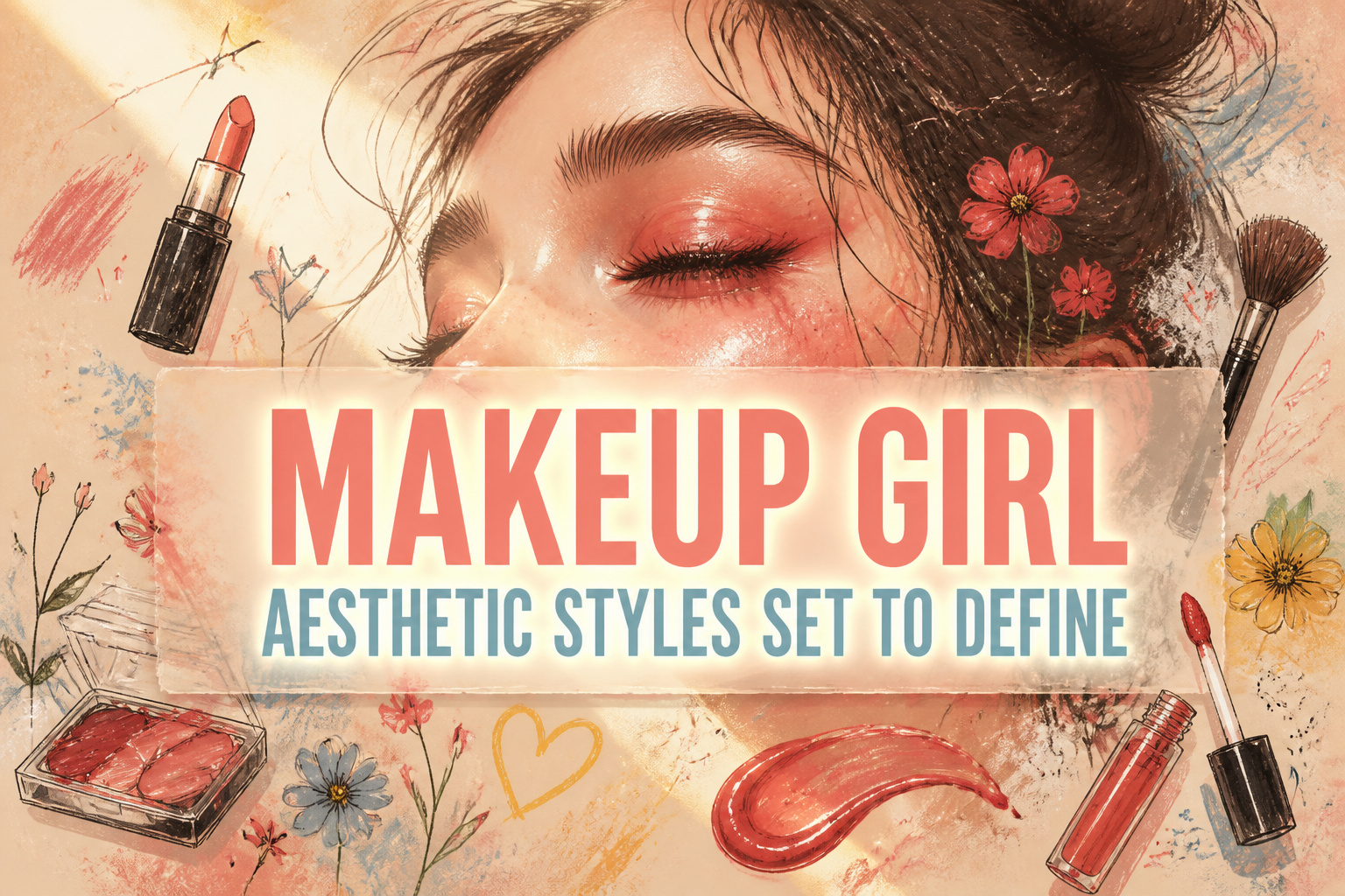 Model showcasing various makeup girl aesthetics in a colorful environment.