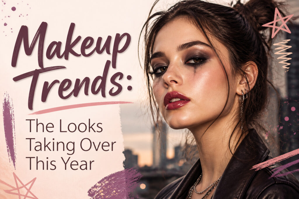 A colorful collage displaying various makeup trends for 2026.
