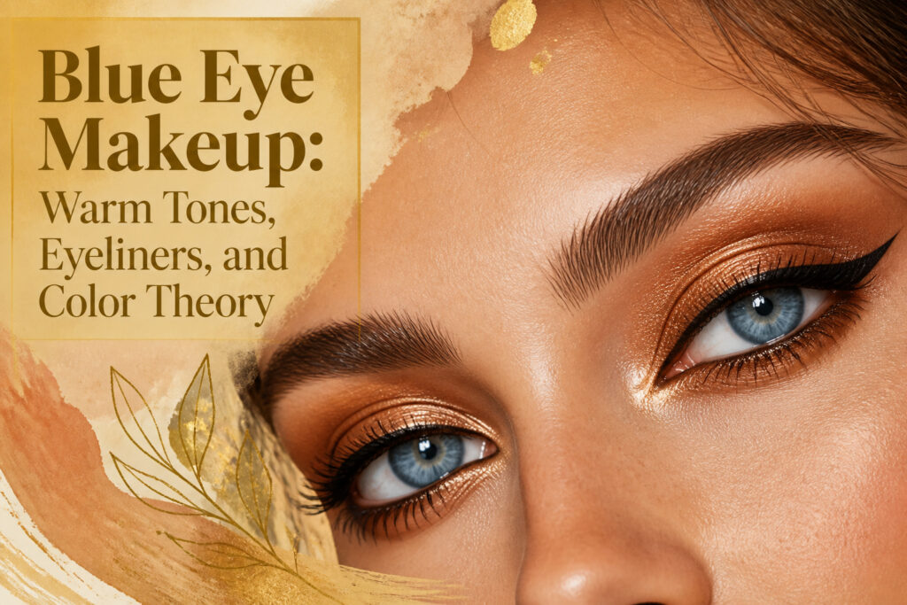 A model with blue eyes wearing makeup featuring warm tones.
