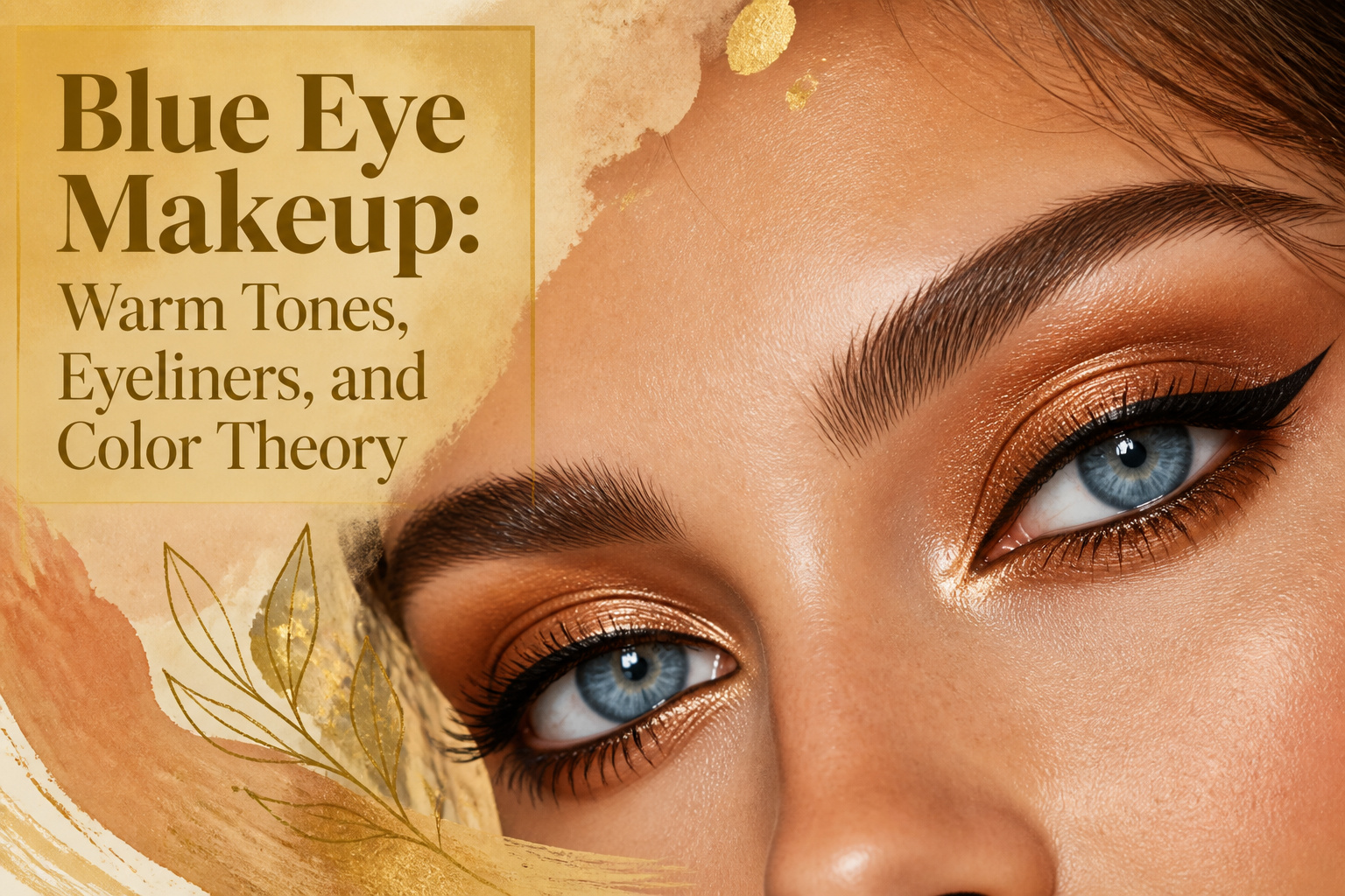 A model with blue eyes wearing makeup featuring warm tones.
