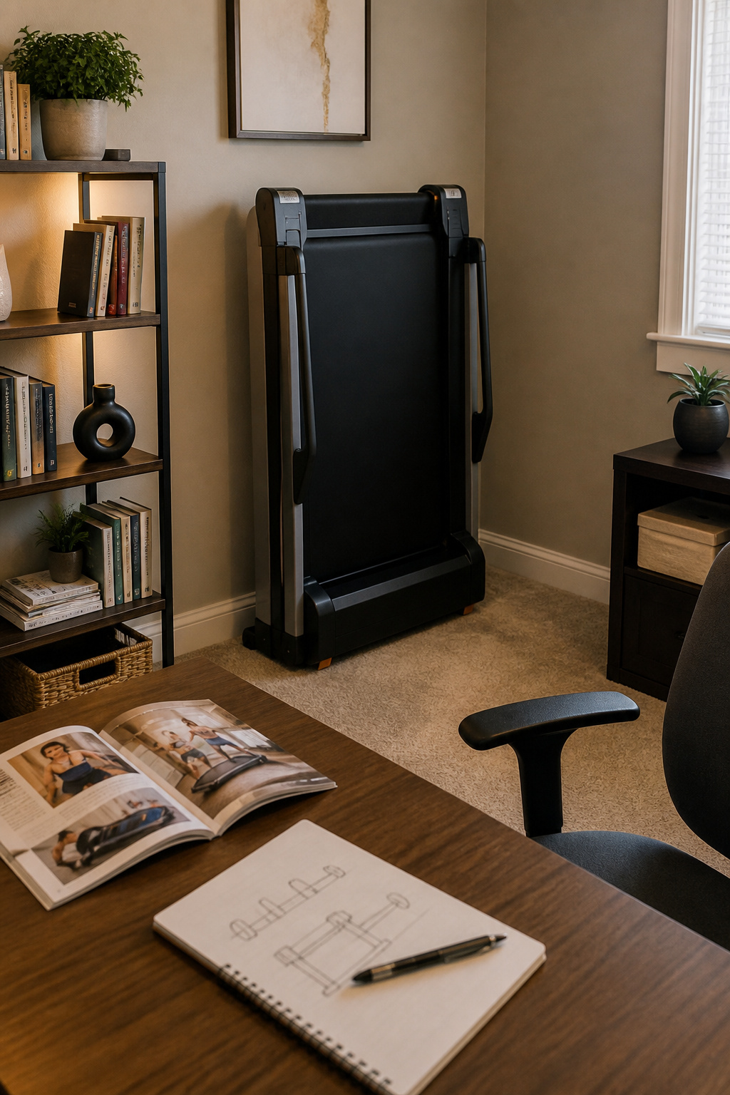Compact home office with a treadmill and desk setup