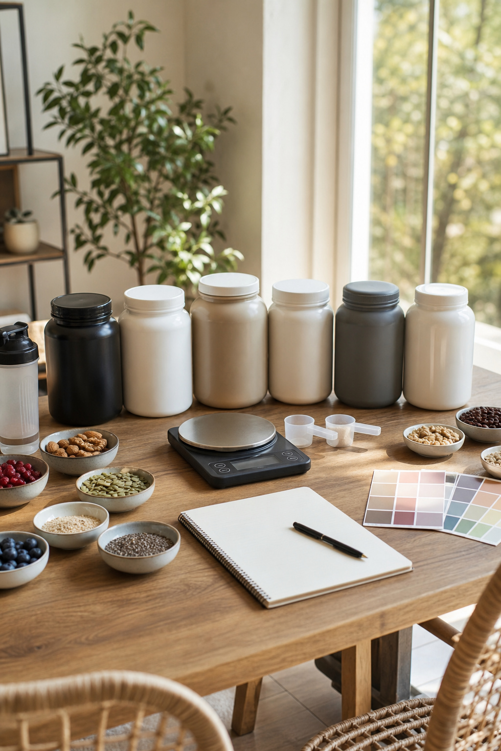 10 Best Protein Powder for Women, Dietitian-Researched 21 Minimalist kitchen with protein powder containers on a countertop
