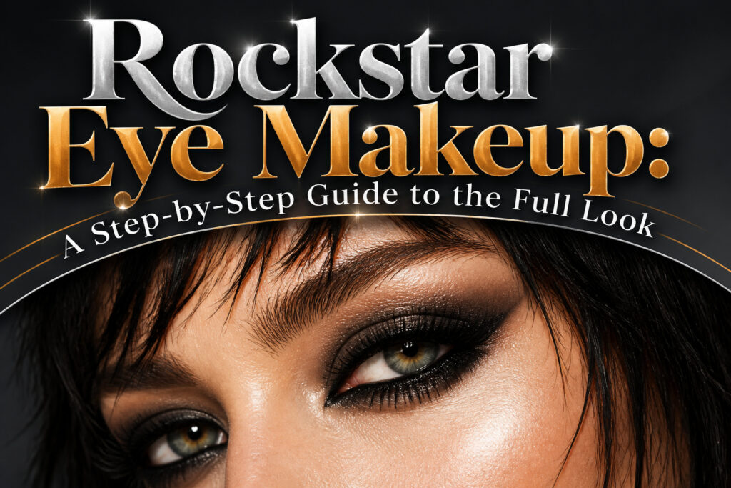 Model with rockstar eye makeup featuring bold colors and smooth skin.