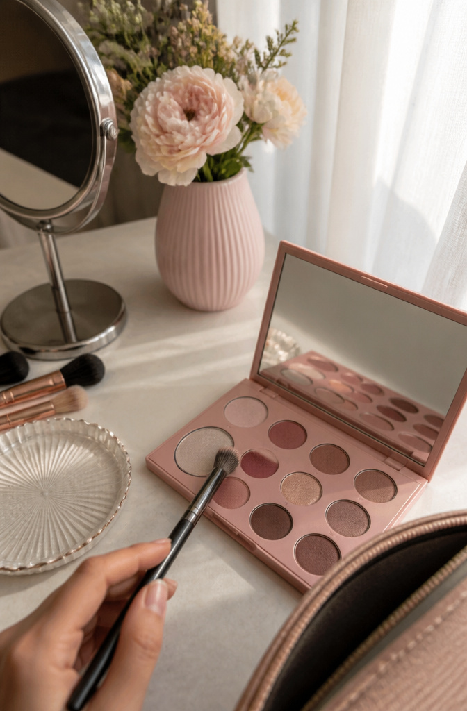 A model with everyday eyeshadow in muted roses and mauves.