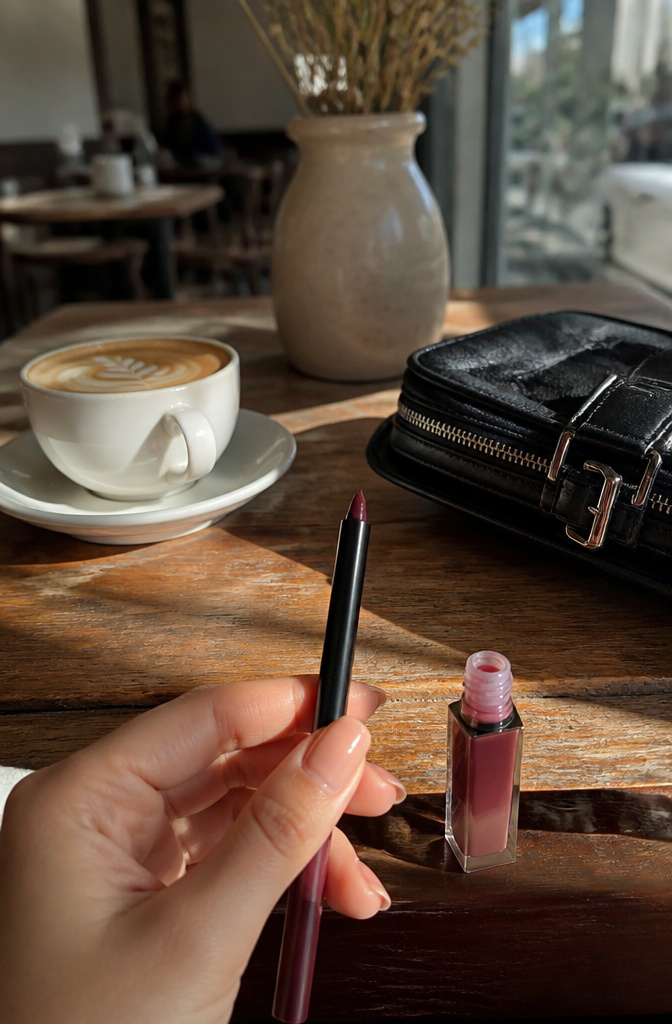 Close-up of glossy lips with dark liner and clear gloss.