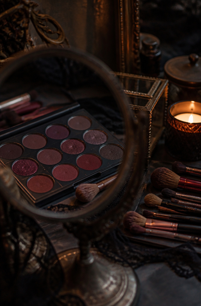 Makeup Dark Aesthetic: 5 Steps for Smoky Eyes, Plum Blush and Bold Lips 1 Makeup palette with rich plum, burgundy, and onyx hues on a black surface.