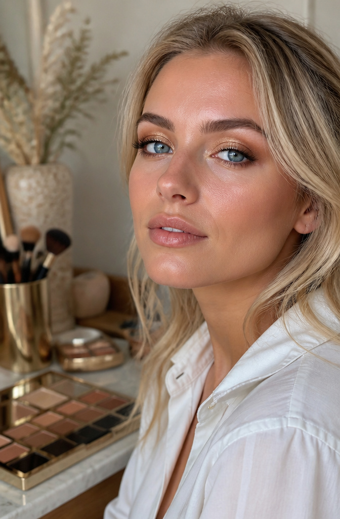 Close-up of a model's blue eyes with gold eyeshadow.