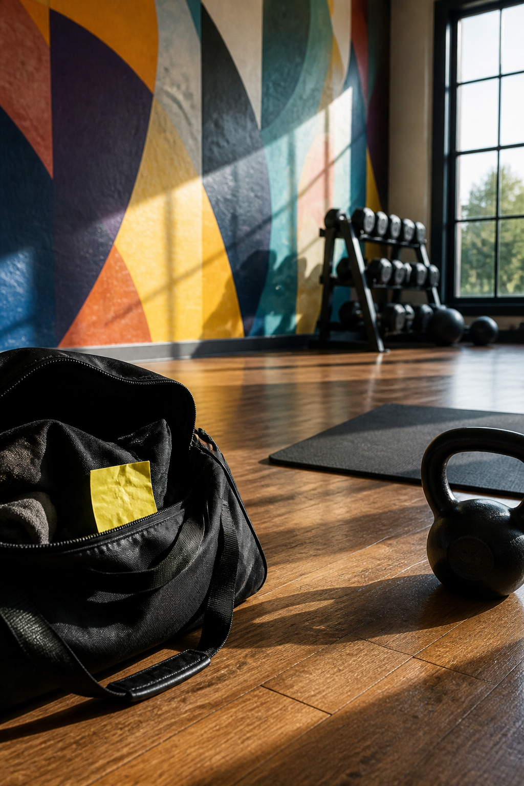 Abstract wall mural with energetic quotes in bold lettering and a gym bag.