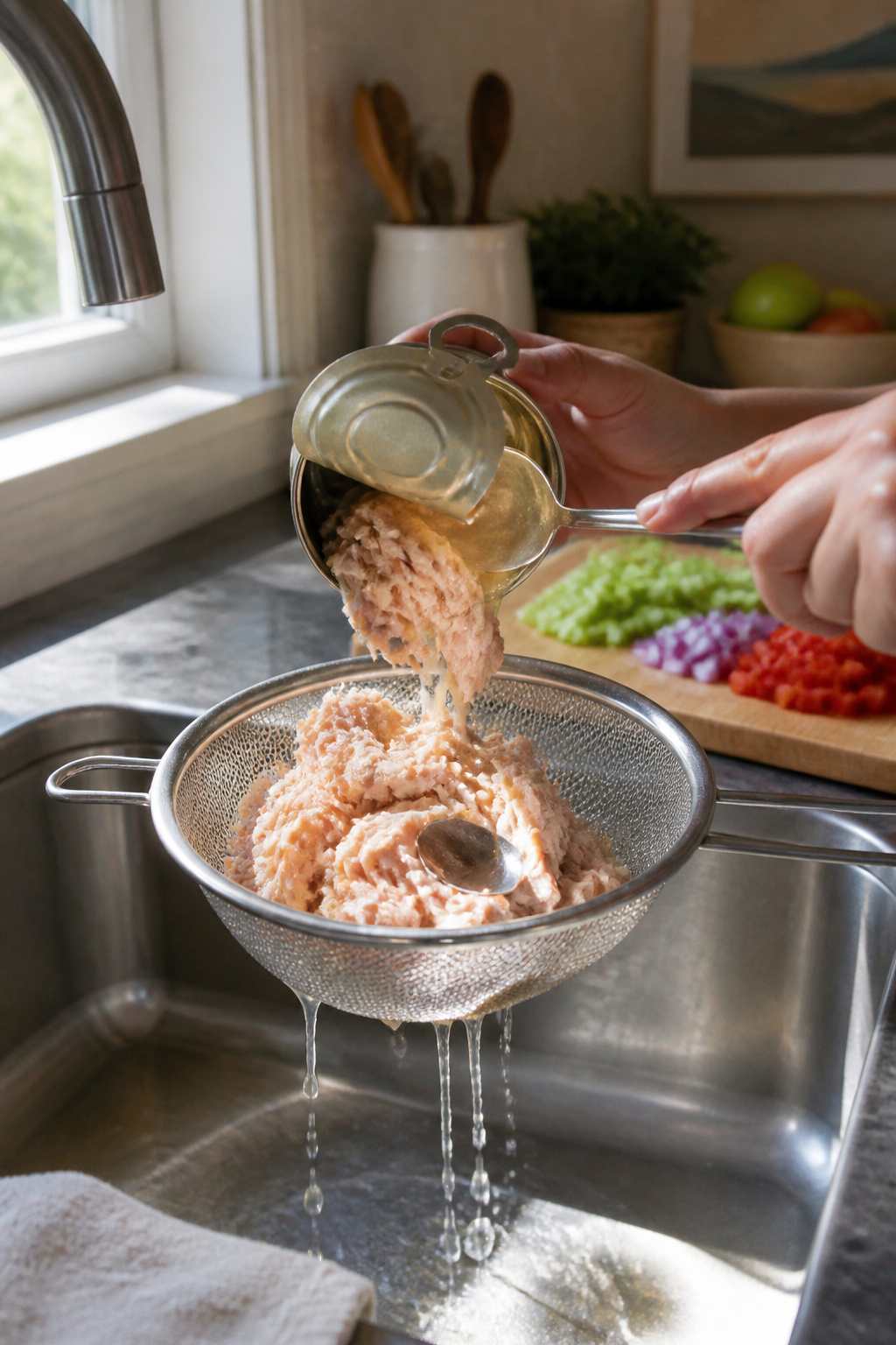 Canned chicken pouring into a strainer, with liquid draining away.