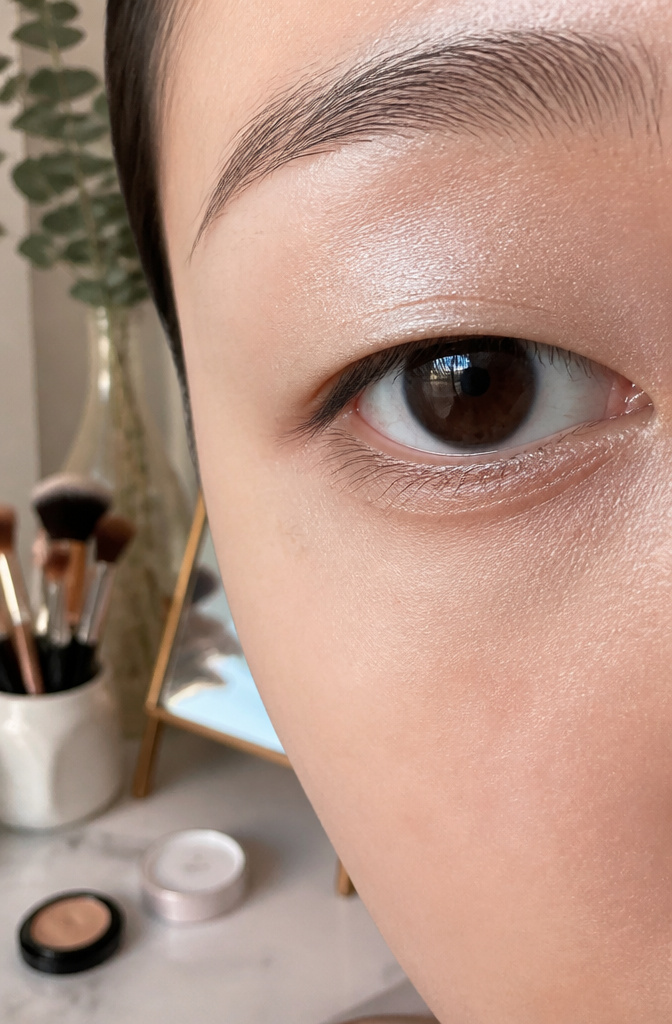 Close-up of a primed monolid eye highlighting the eyelid's smooth texture.