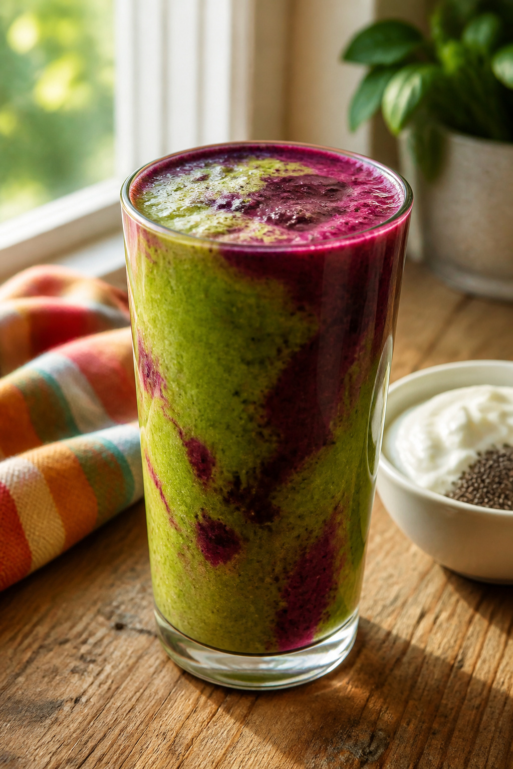 Berry Green Protein Smoothie with spinach and mixed berries in a glass.