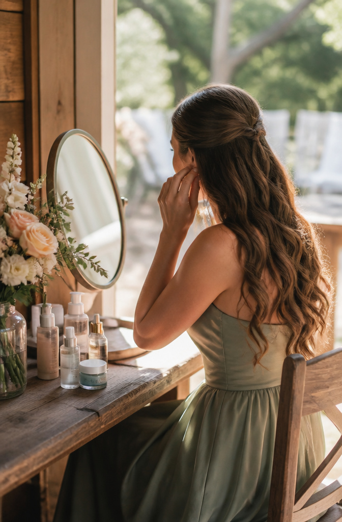 Bridesmaid with natural makeup at a rustic wooden vanity.