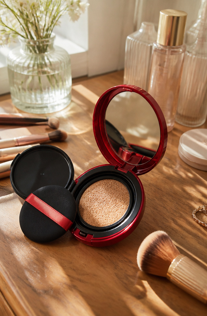 Open Tirtir Mask Fit Red Cushion compact with puff and scattered brushes.