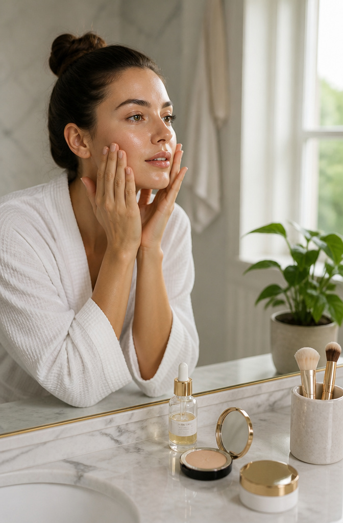 A model applying moisturizer to her face over a marble countertop.