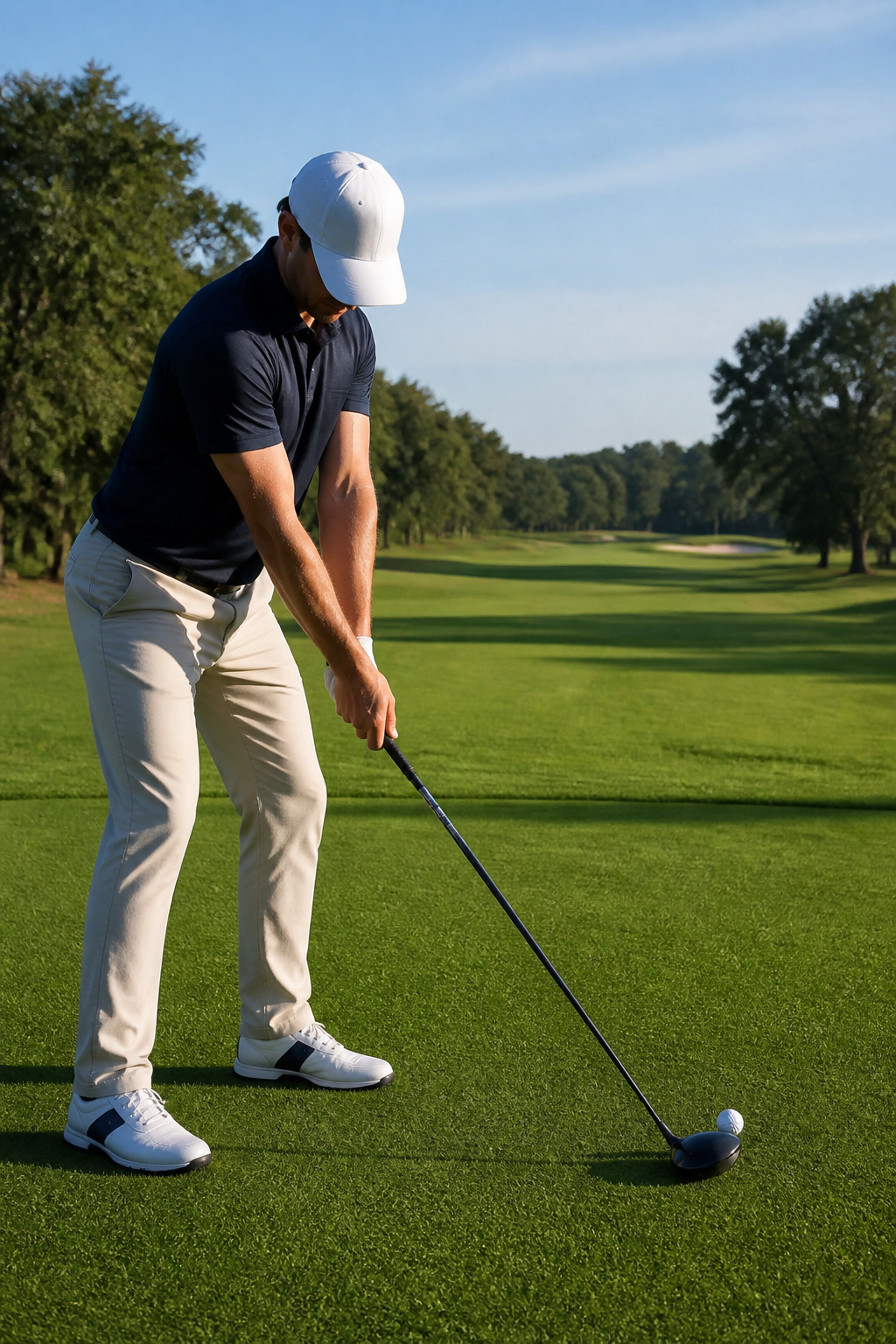 Golfer stands on a tee with extended left arm at address position.