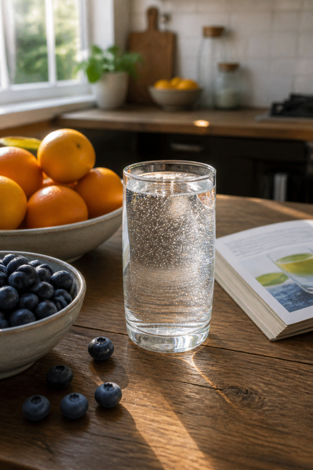 A glass of sparkling water with blueberries and oranges on a wooden countertop.