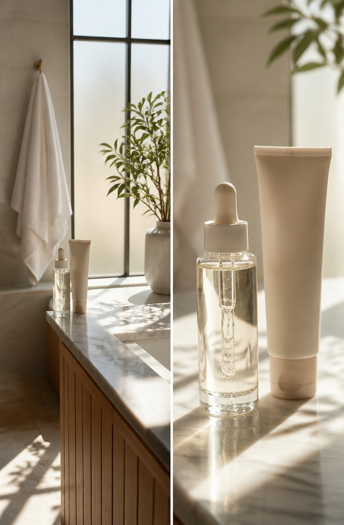 10 Steps to a Flawless Makeup Look (2026 Guide) 1 A cleanser and moisturizer displayed on a bathroom counter.