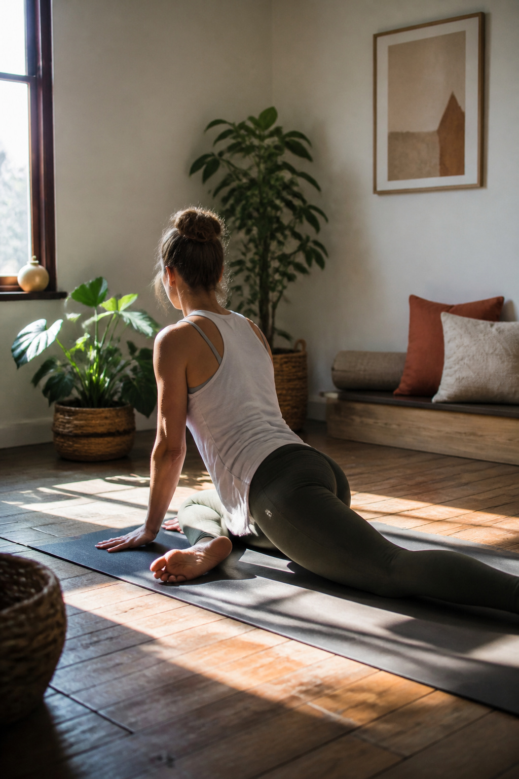 Individual performing pigeon pose with one leg bent and the other extended.