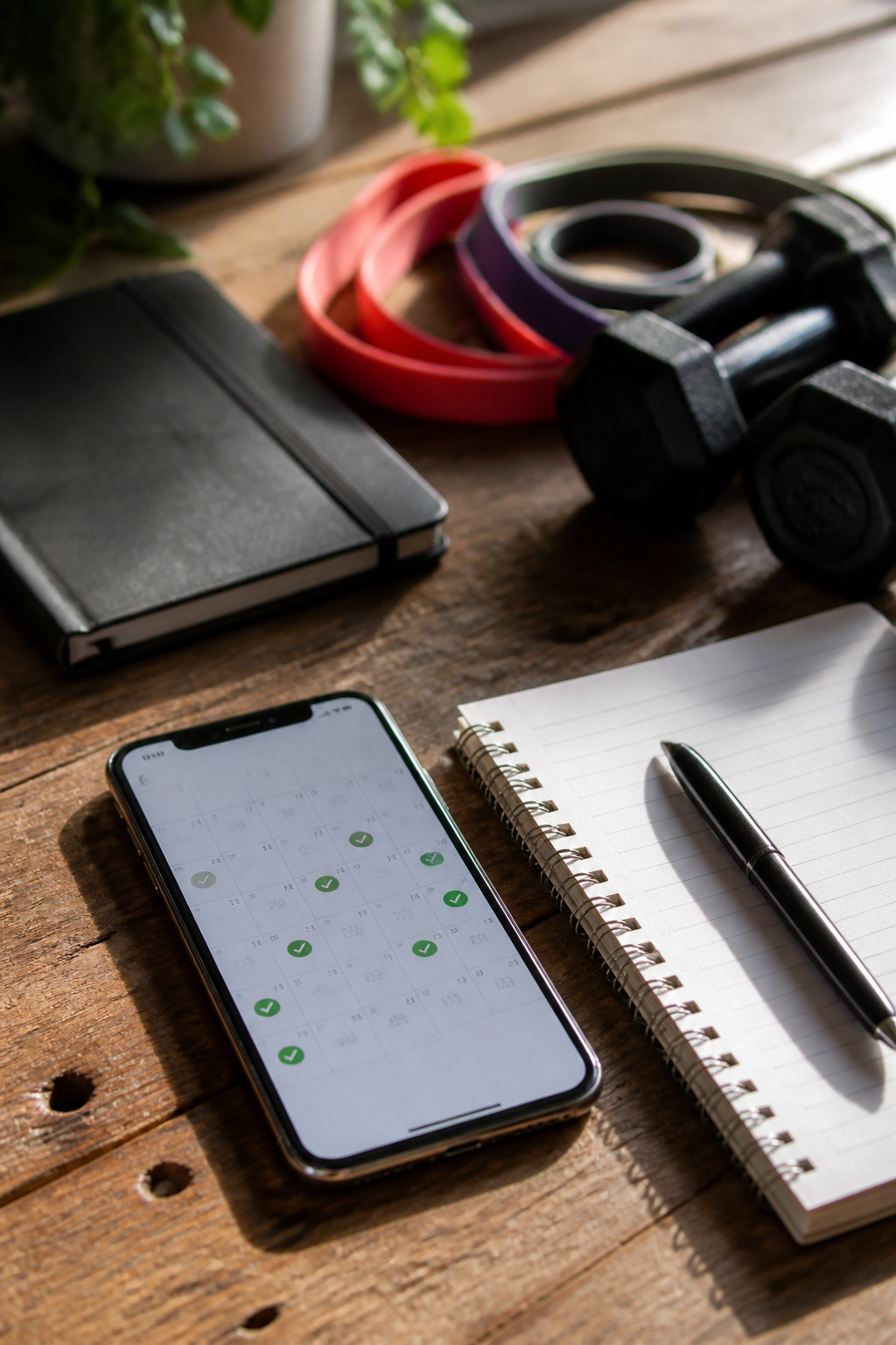 A close-up of a smartphone calendar showing fitness goals and a notepad.