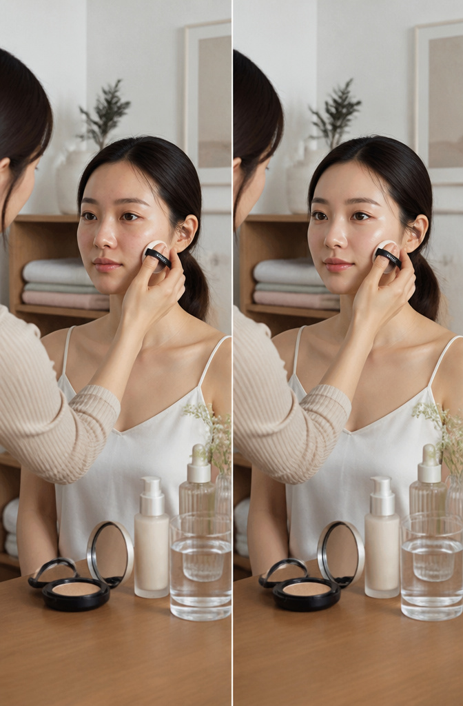 Close-up of a model's face highlighting glass skin makeup.