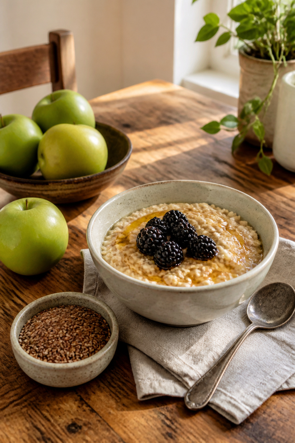 Bowl of oatmeal with blackberries and flaxseeds on a wooden table.