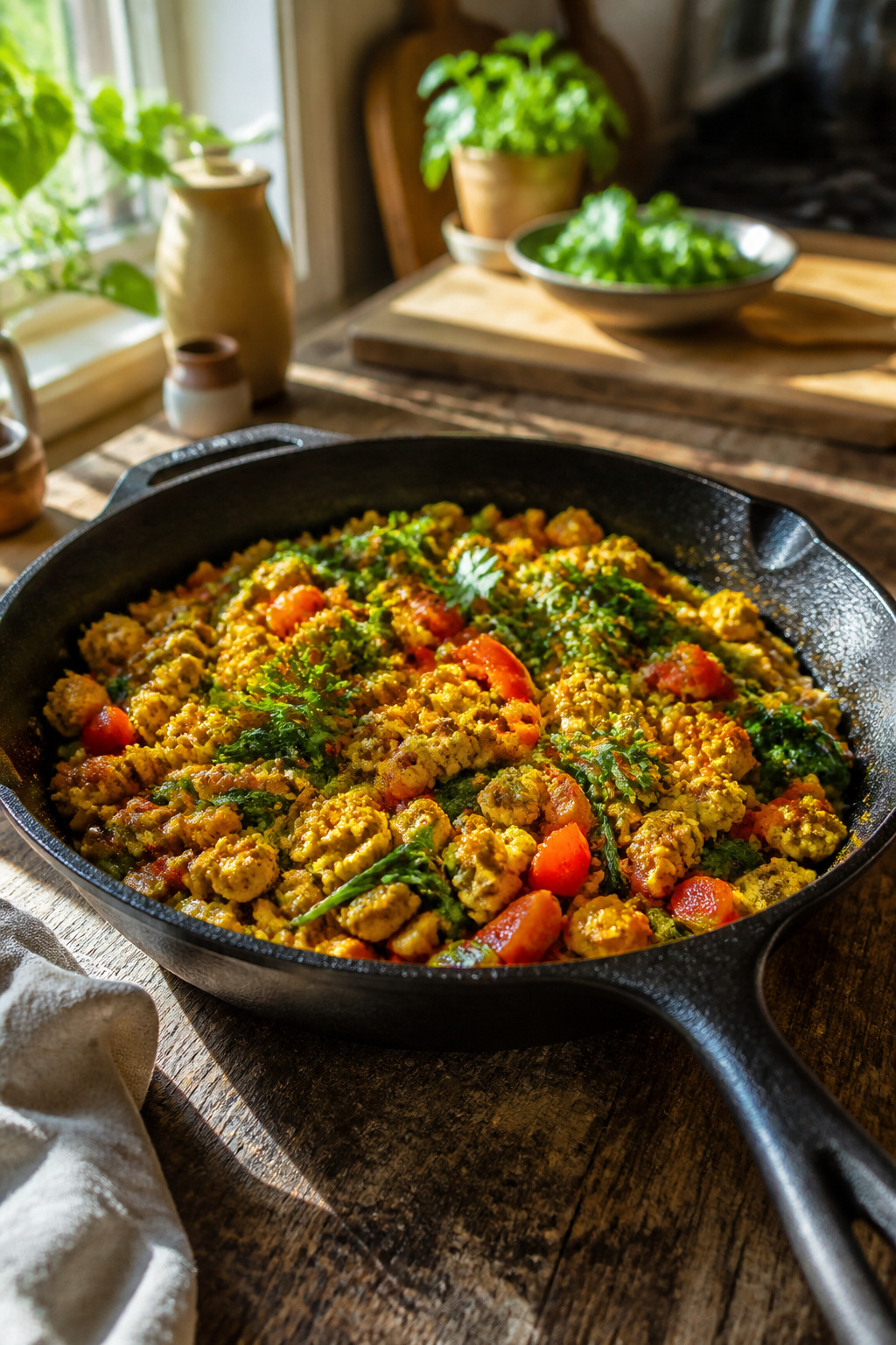 Tofu scramble with turmeric, bell peppers, and spinach in a cast iron skillet.