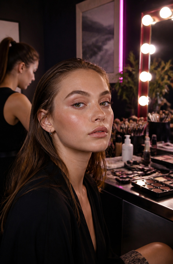 Makeup artist's workspace with beauty tools and a model's flawless face.