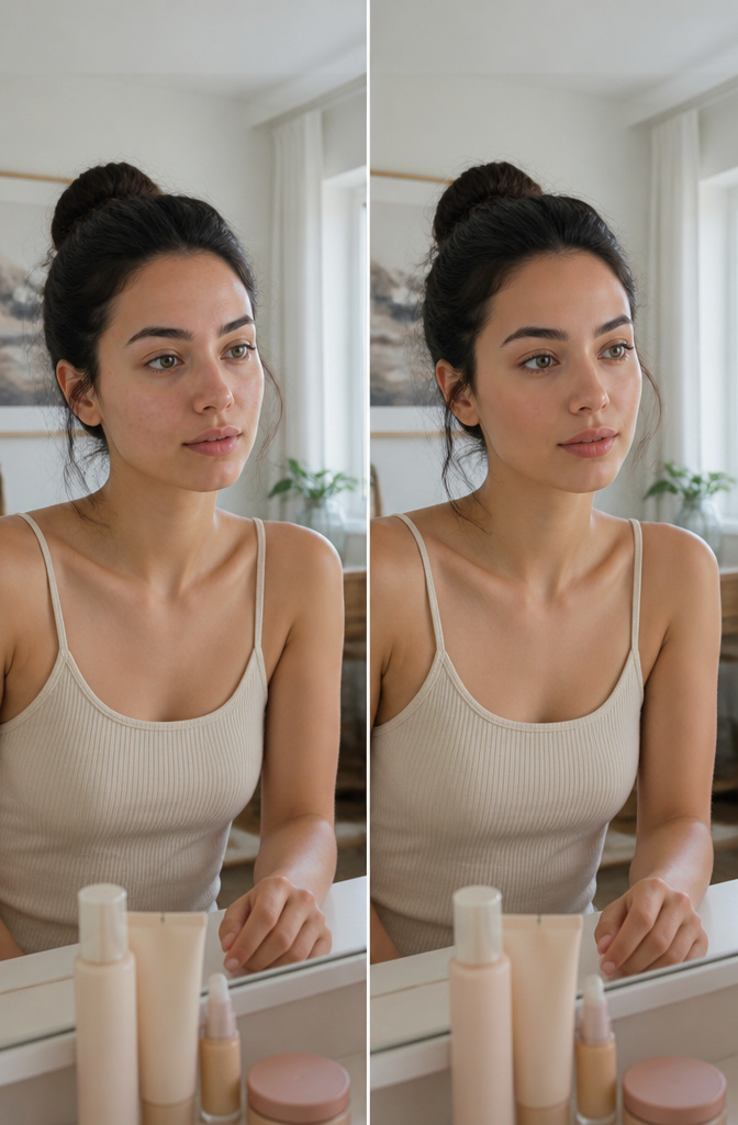 A visual comparison of natural makeup and no-makeup makeup styles.