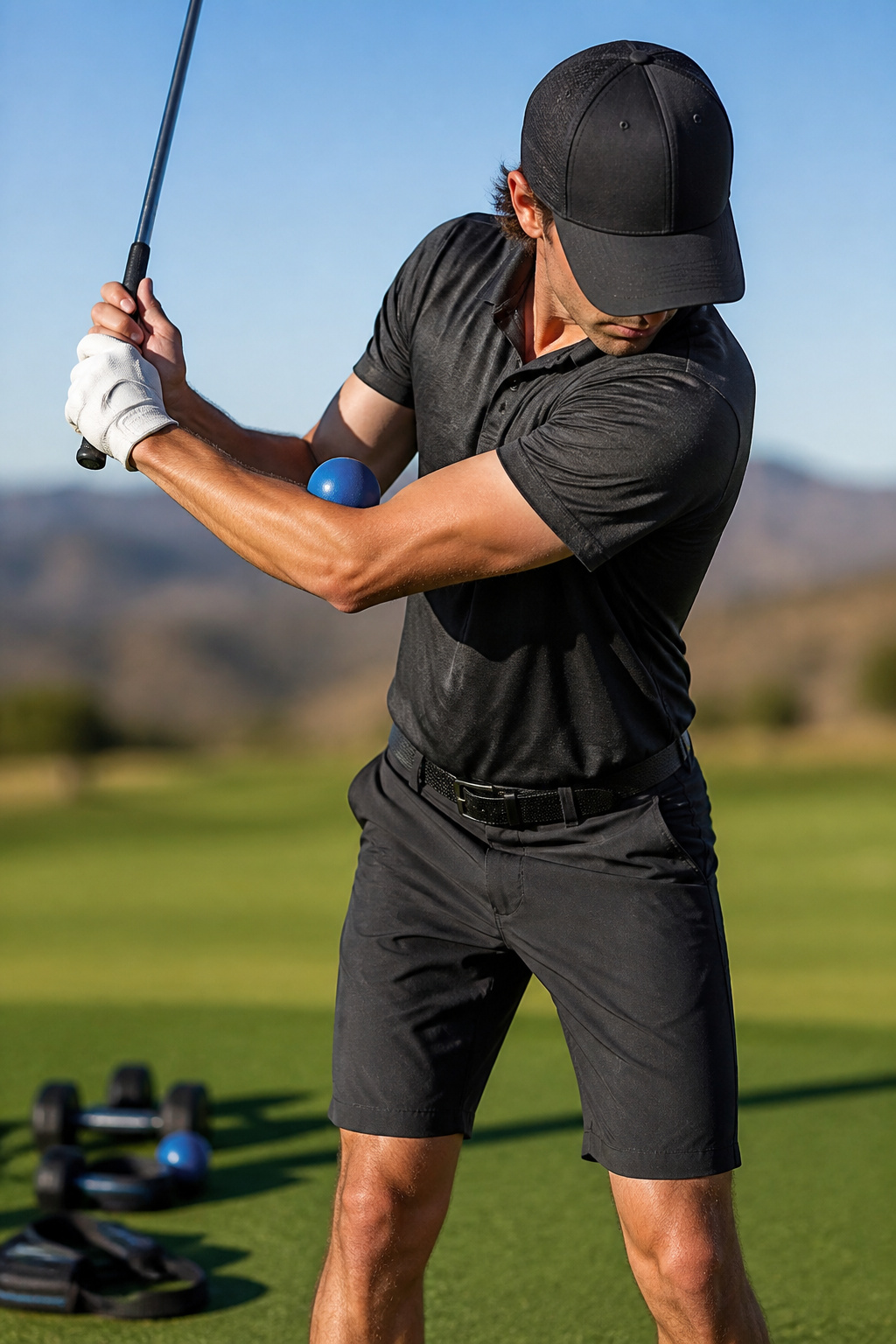 Weighted brace and smart ball used as training aids for golfers.
