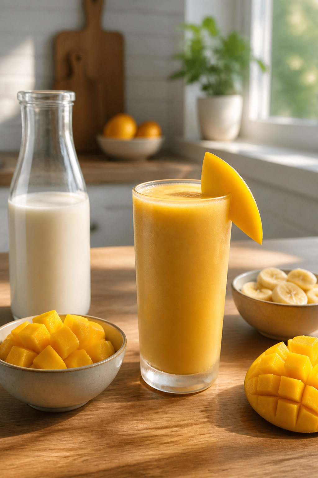 Mango Banana Smoothie in a frosty glass with fresh mango slices.